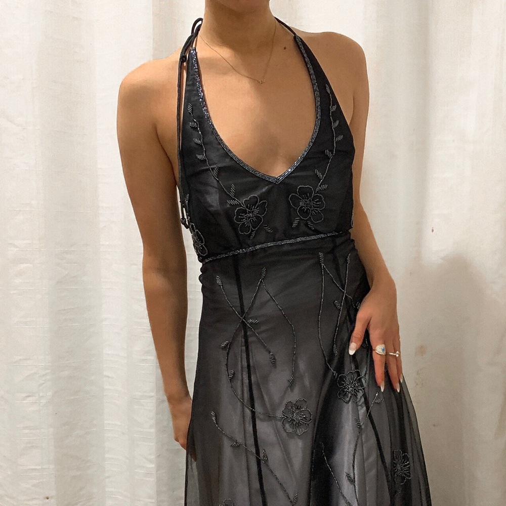 Vintage Beaded Black/Silver Maxi Dress Gown